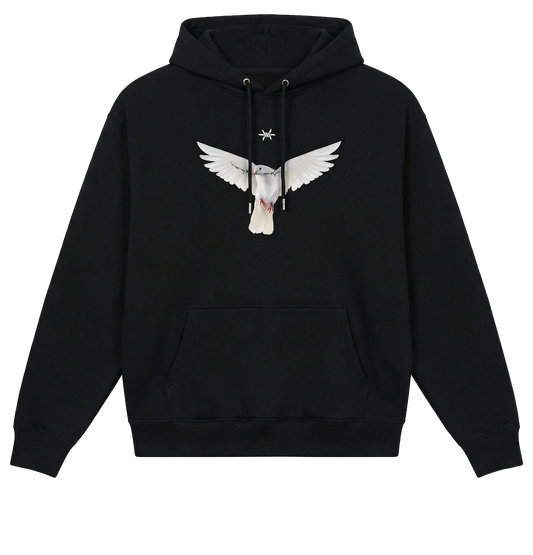 Black hoodie with a white dove graphic on a white background