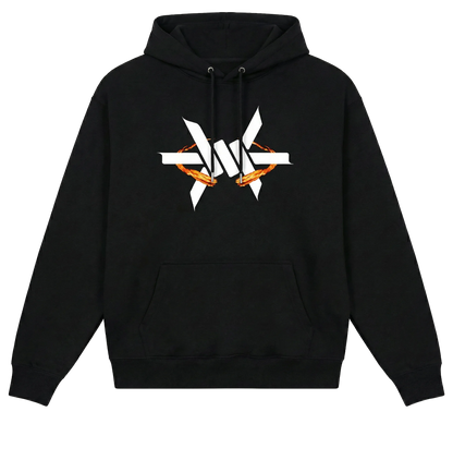 Black hoodie with a white 'Ominous' luxury brand logo and orange fireballs design on a white background