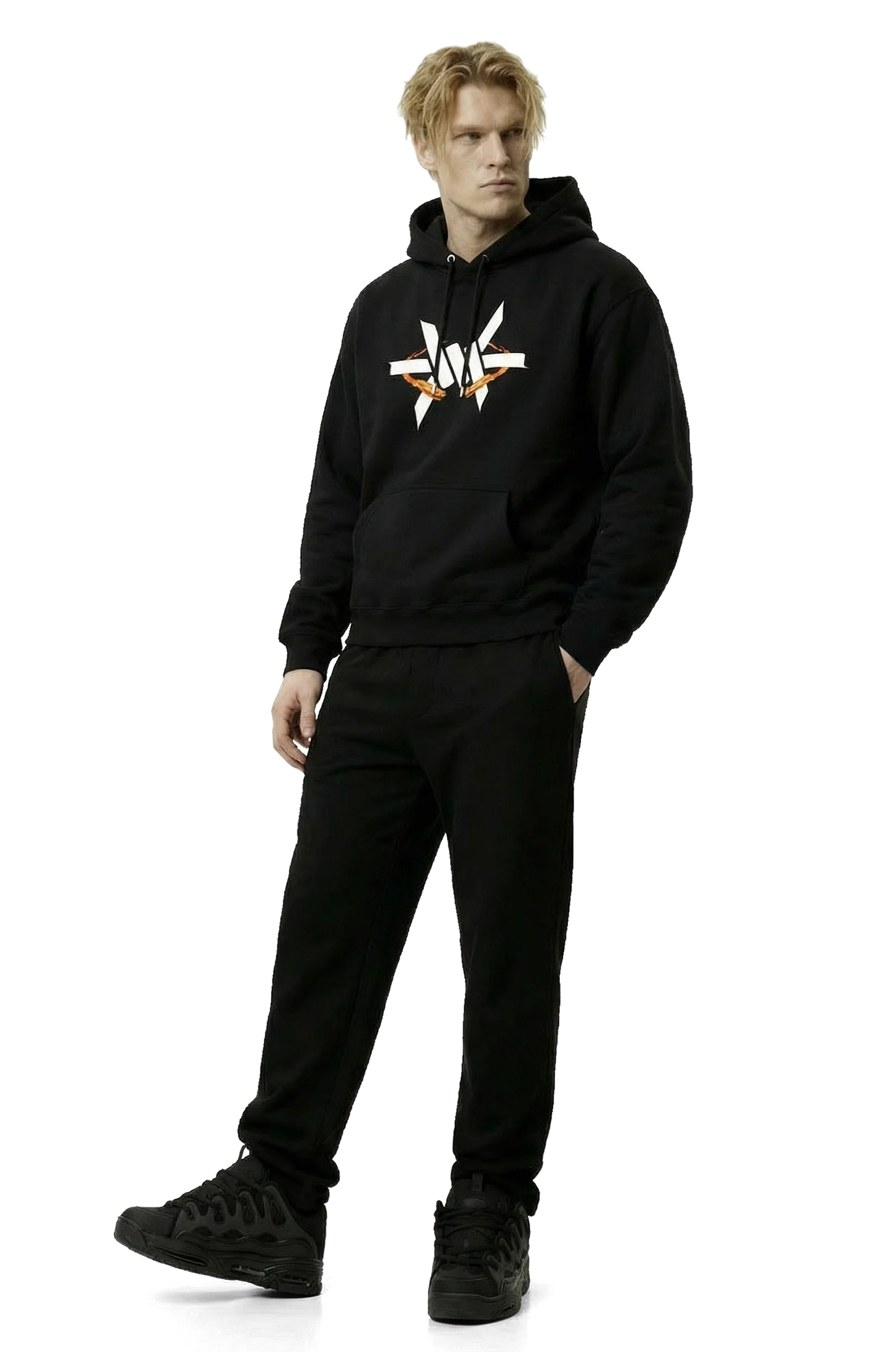 Person wearing a black hoodie with an 'Ominous' brand logo with orange fireballs on a white background