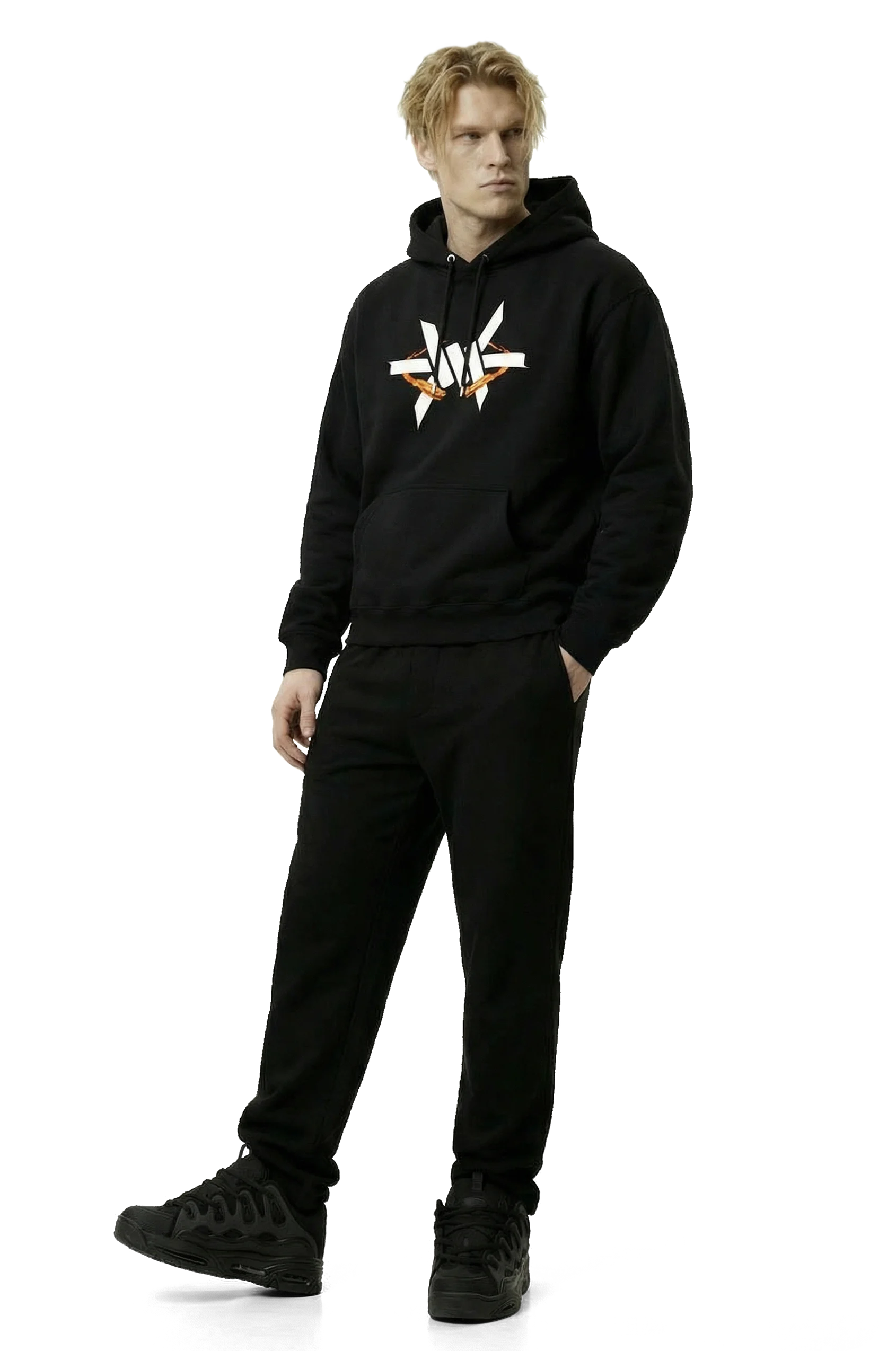 Person wearing a black hoodie with an 'Ominous' brand logo with orange fireballs on a white background