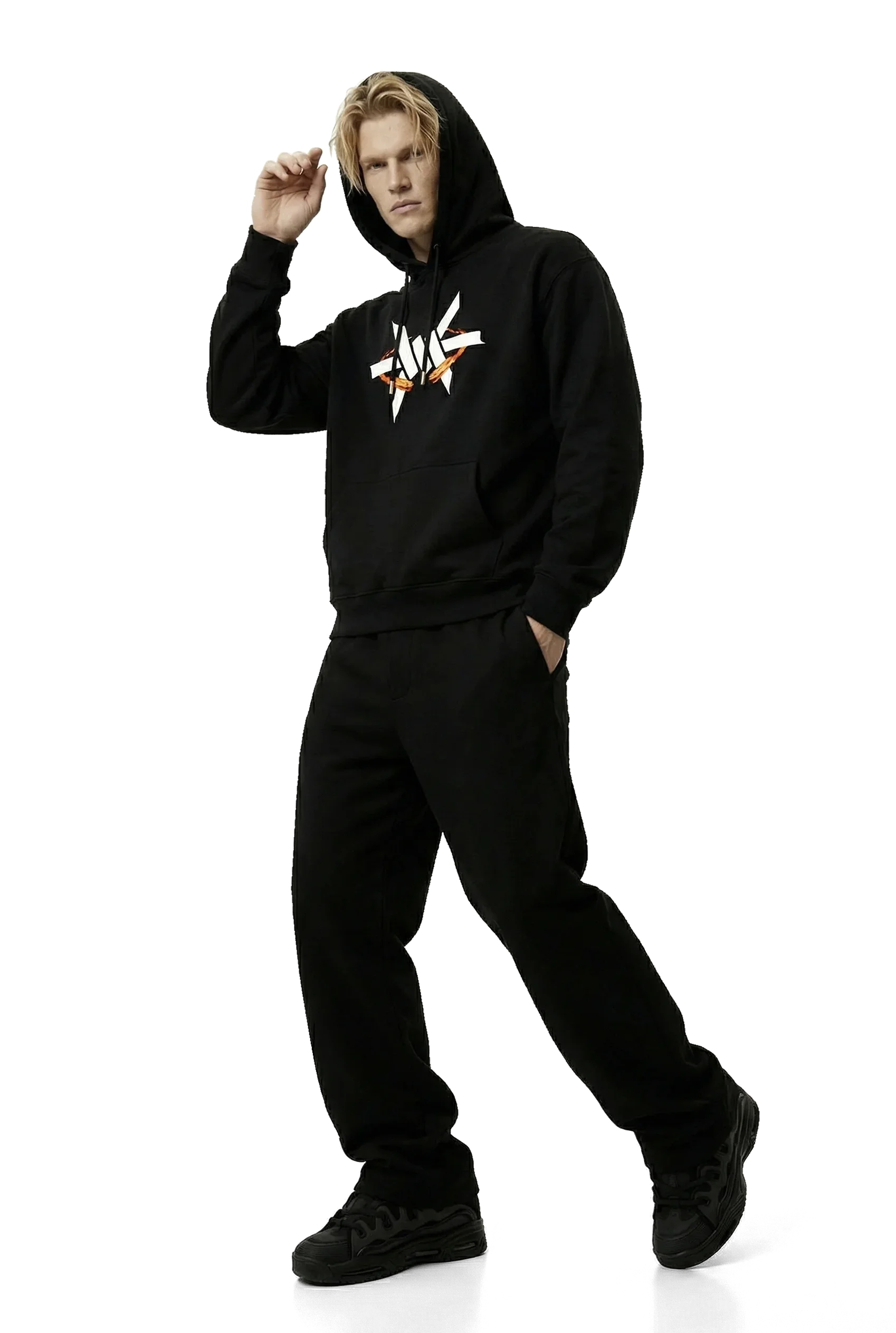 Person wearing a black hoodie with a white logo on a white background