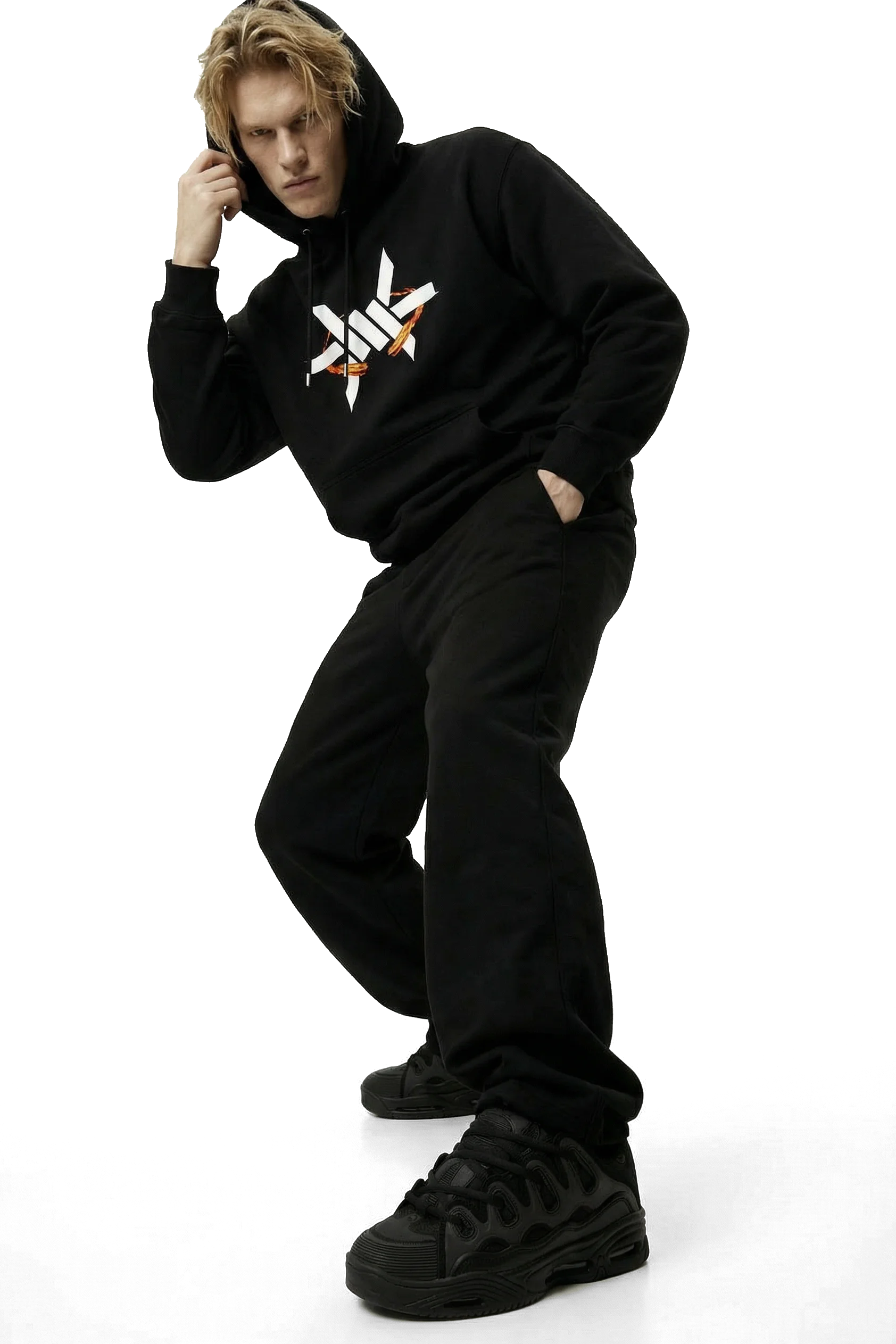 Person wearing a black hoodie with a white large 'Ominous' brand logo on a white background