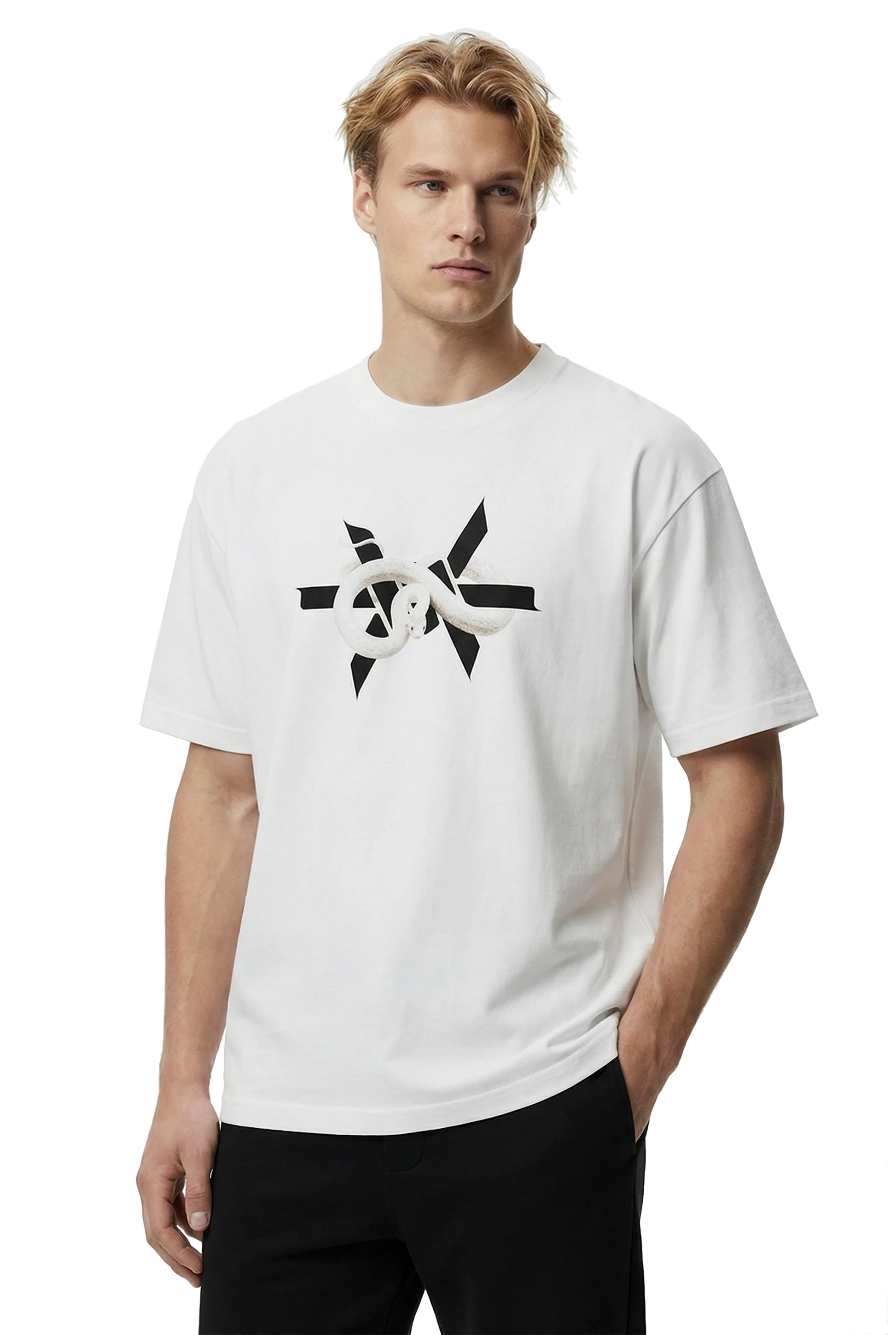 Man wearing a white t-shirt with a white snake coiled around a black 'Ominous' brand logo design on a white background