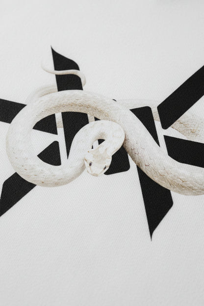 White snake on a black and white geometric t-shirt background