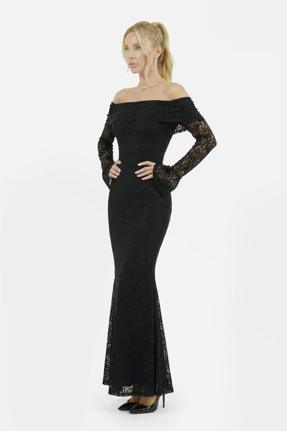 Shadow Maxi Lace Dress - Black off-shoulder lace maxi dress with long sleeves on a white background