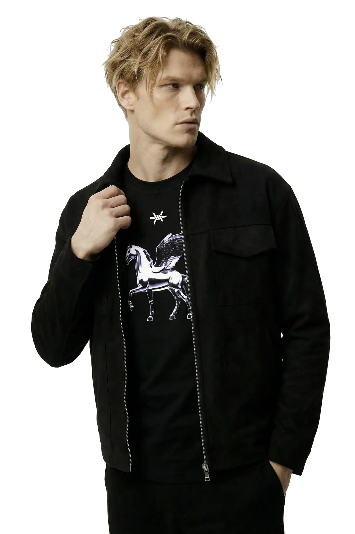 Man wearing a black suede lounge overshirt over a black t-shirt with a white graphic design on a white background