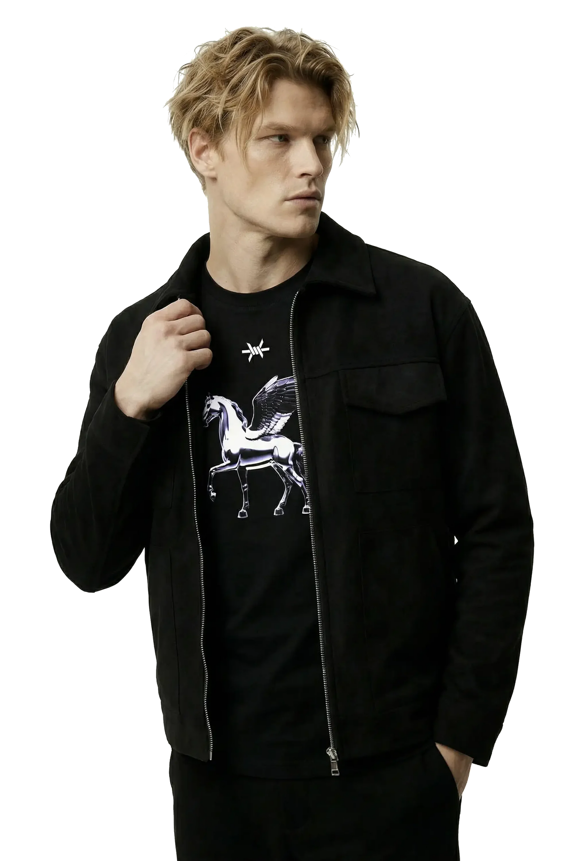 Man wearing a black suede lounge overshirt over a black t-shirt with a white graphic design on a white background