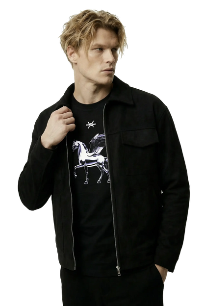 Man wearing a black suede lounge overshirt over a black t-shirt with a white graphic design on a white background