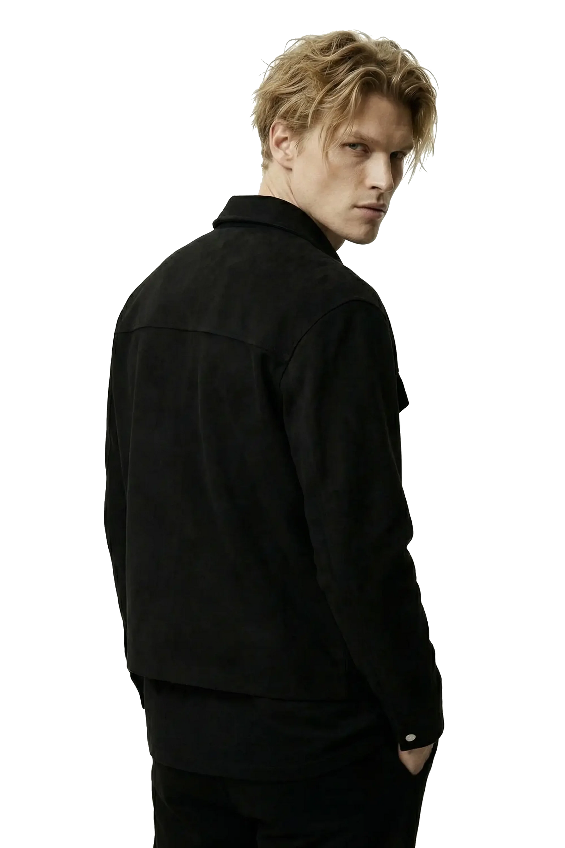 Person wearing a black suede lounge overshirt jacket on a white background