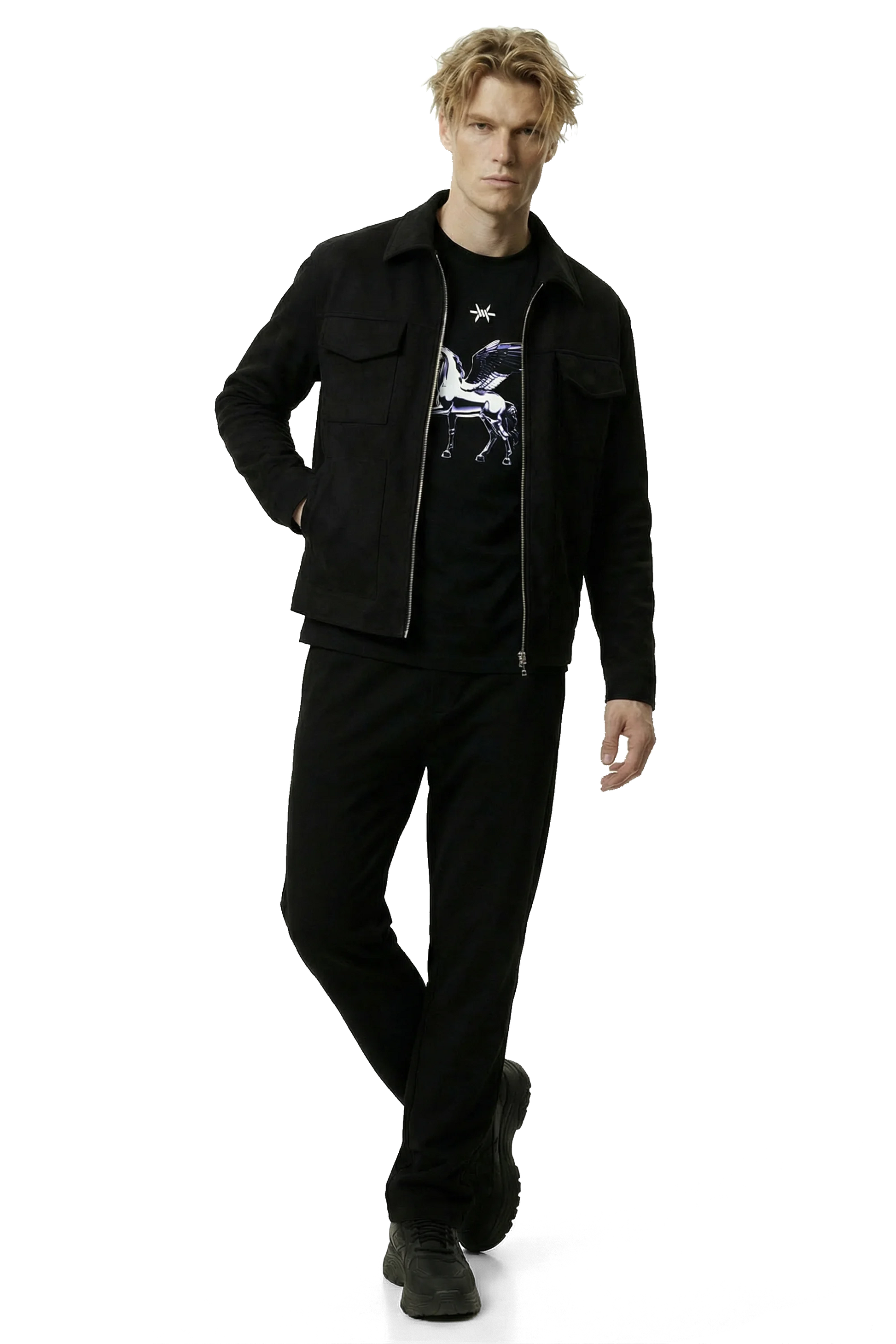 Man wearing a black suede lounge overshirt and pants with a black graphic t-shirt on a white background