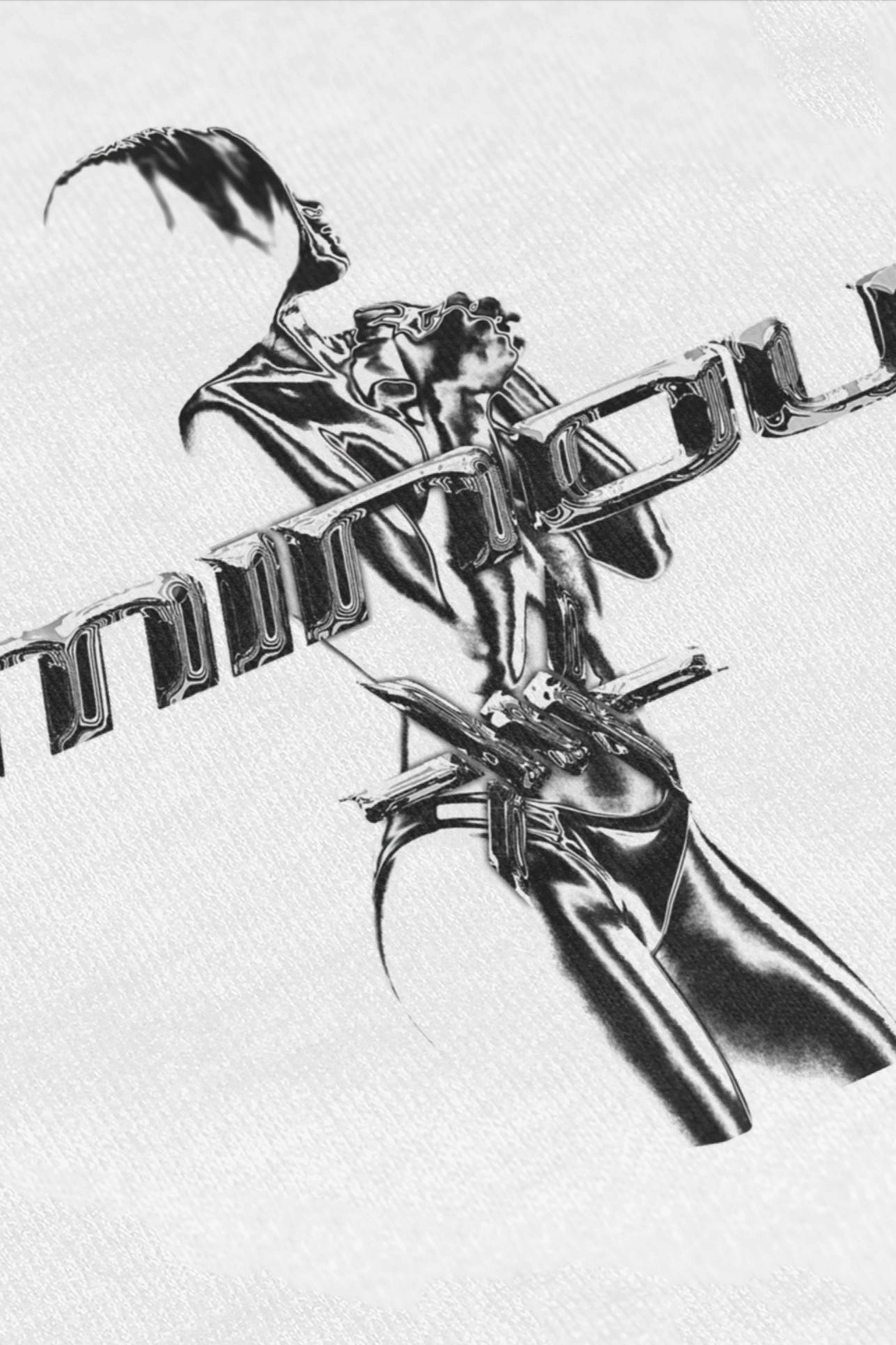 Chrome silver girl graphic design with 'ominous' signature logo print on white luxury cotton background