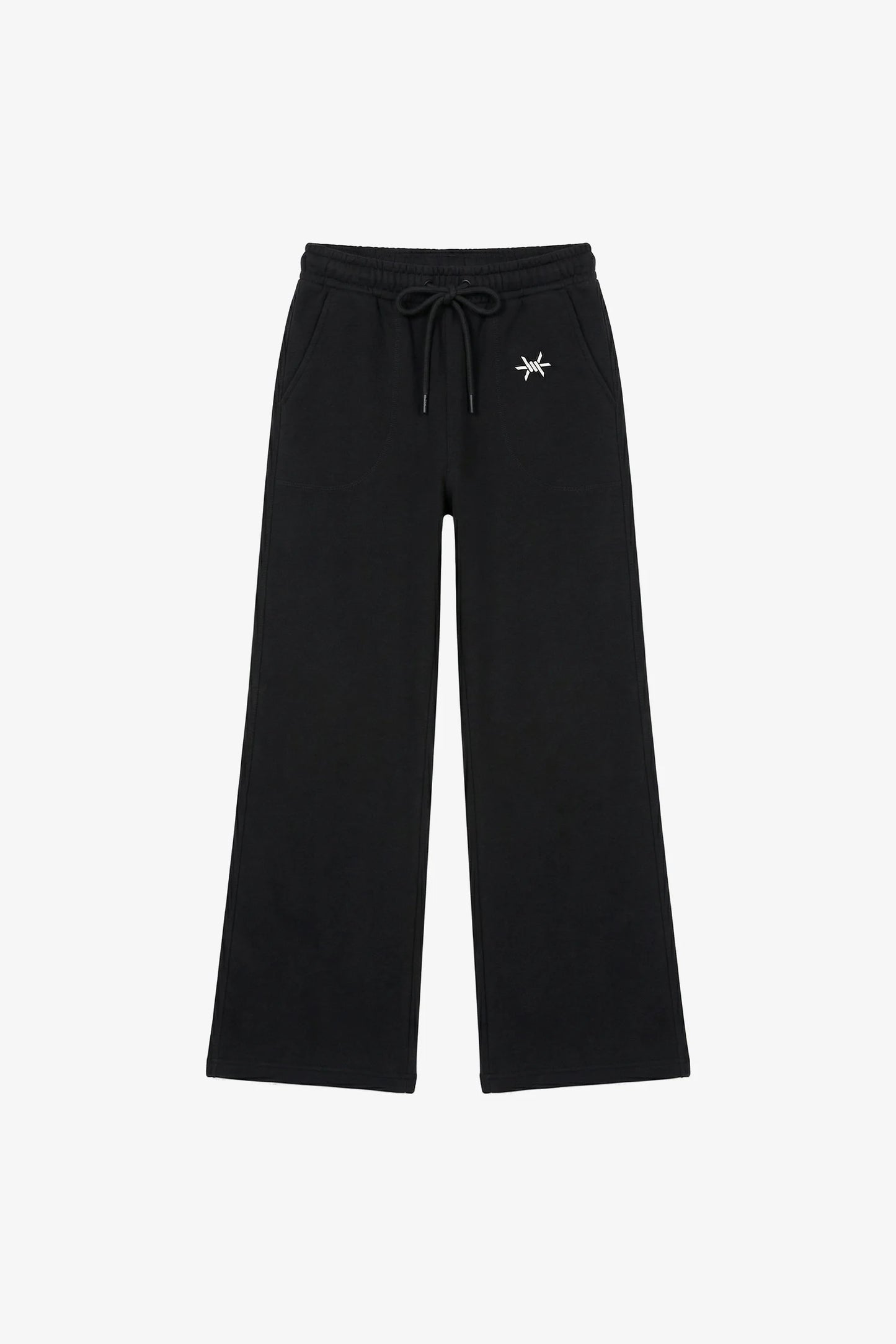 Black pants with a small white logo on a white background
