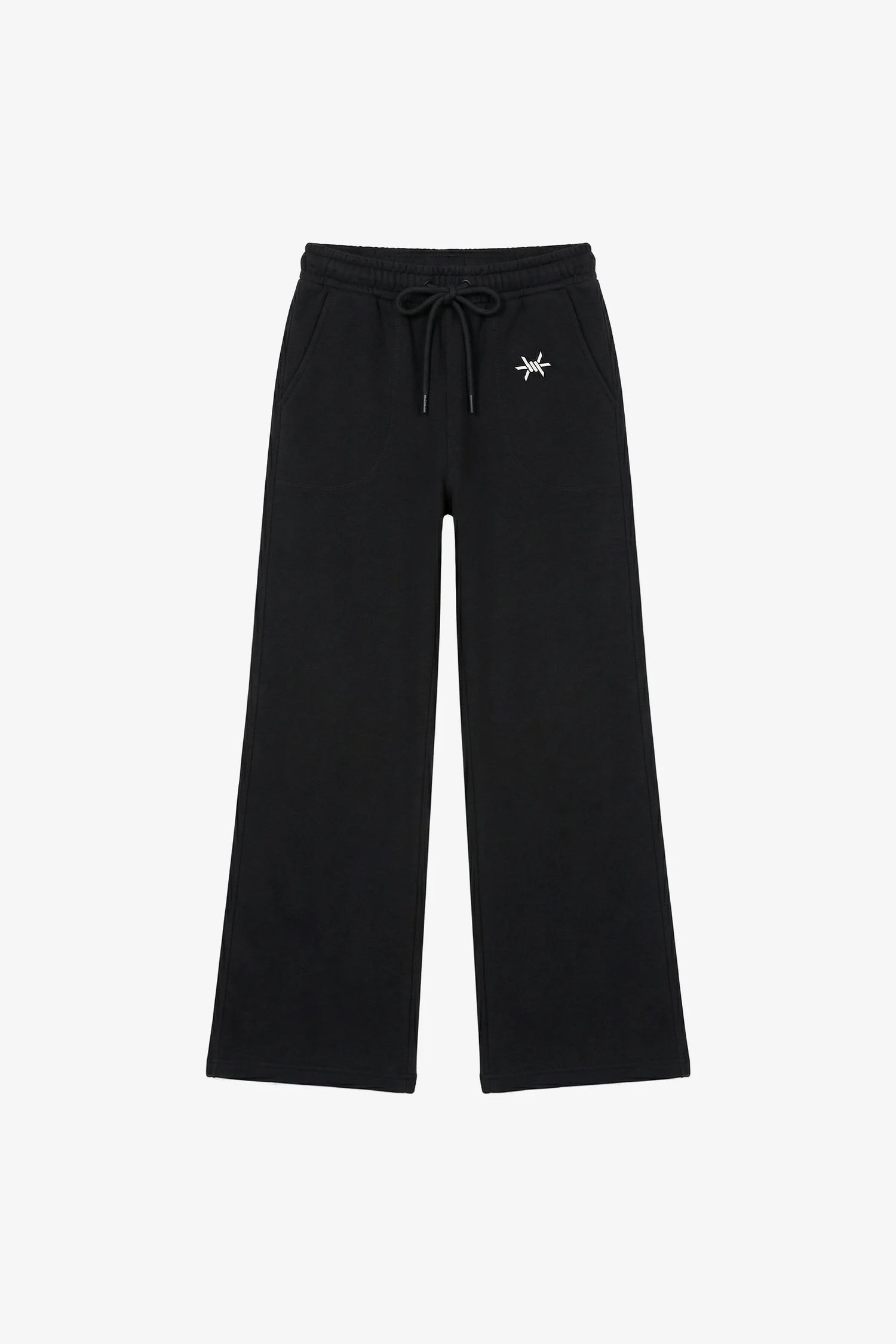 Black pants with a small white logo on a white background