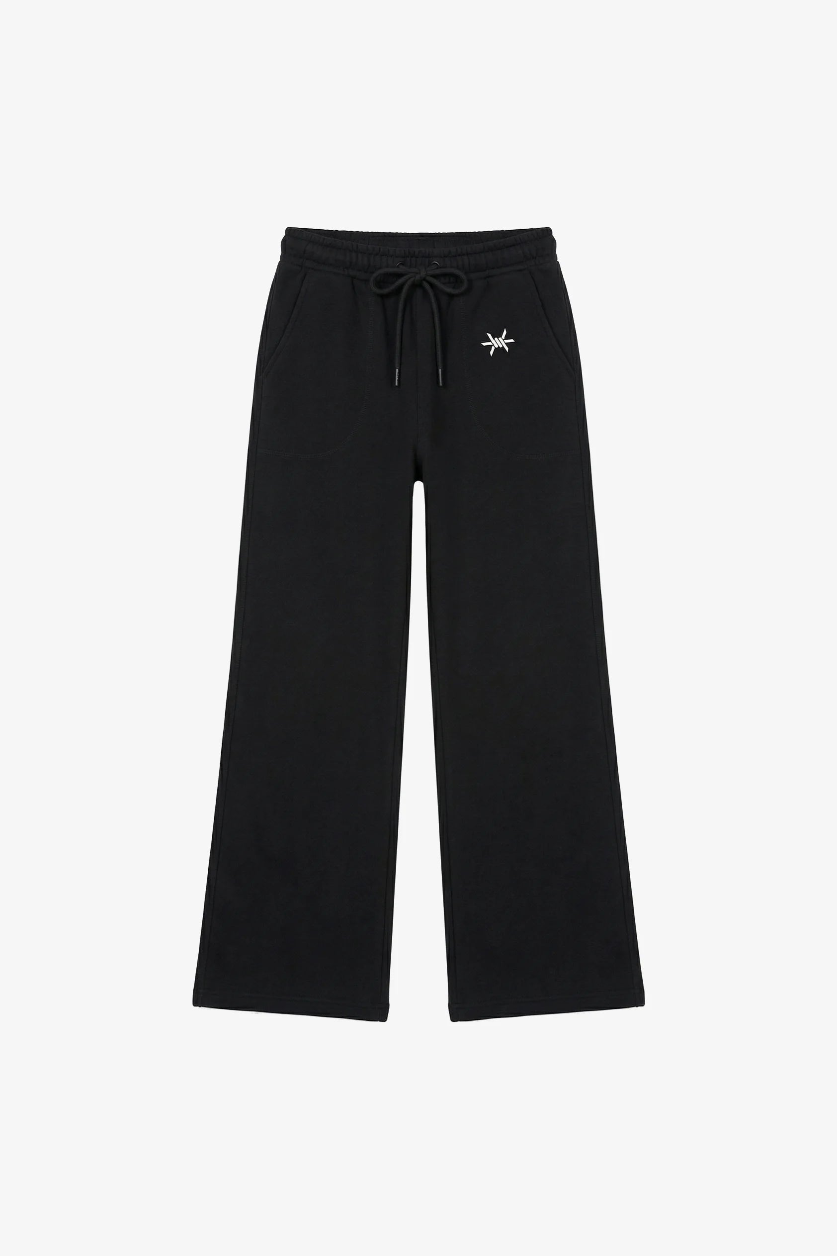 Black pants with a small white logo on a white background