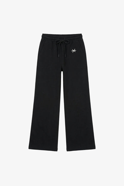 Black pants with a small white logo on a white background