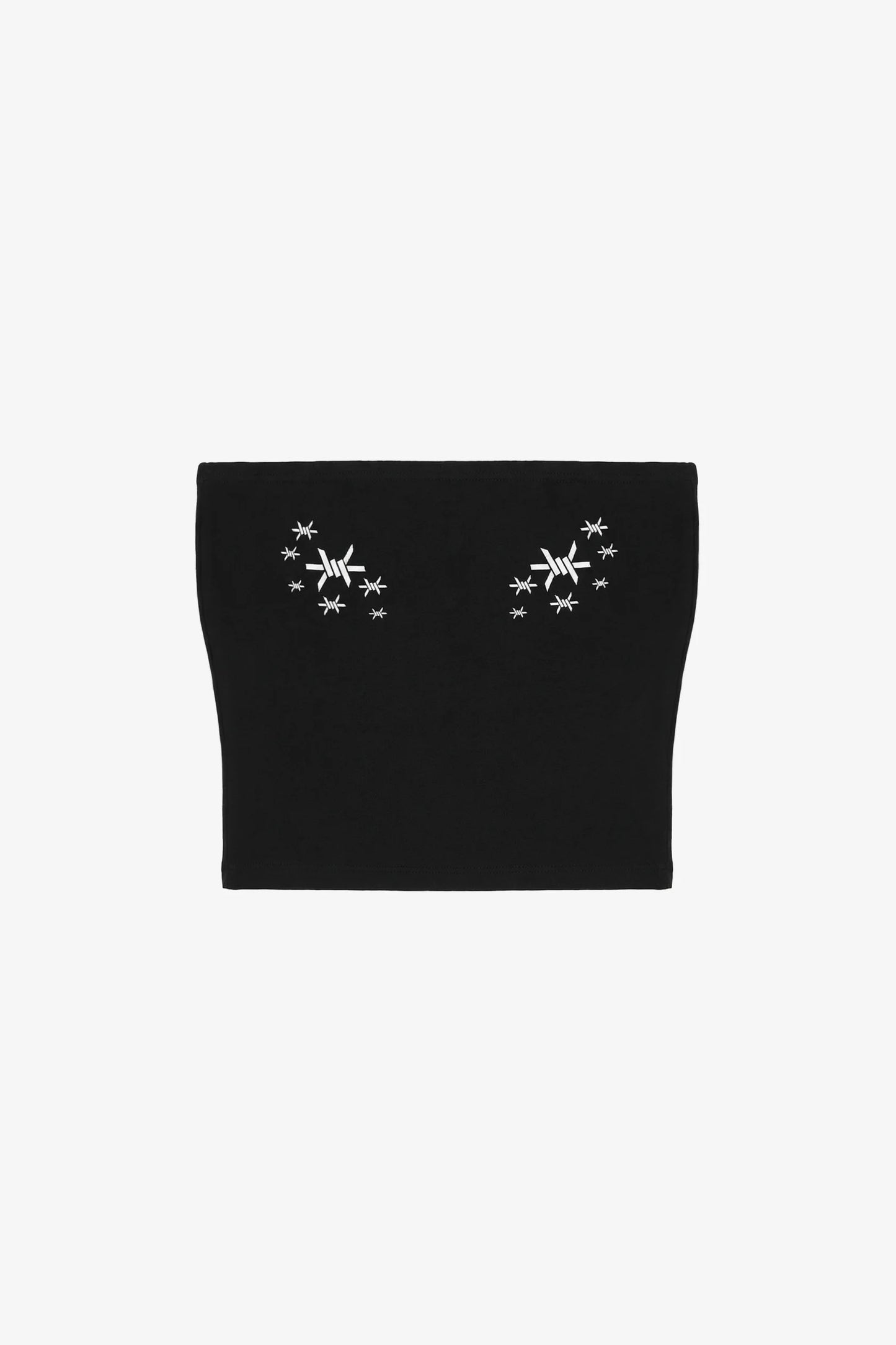 Black tube top with star designs on a white background