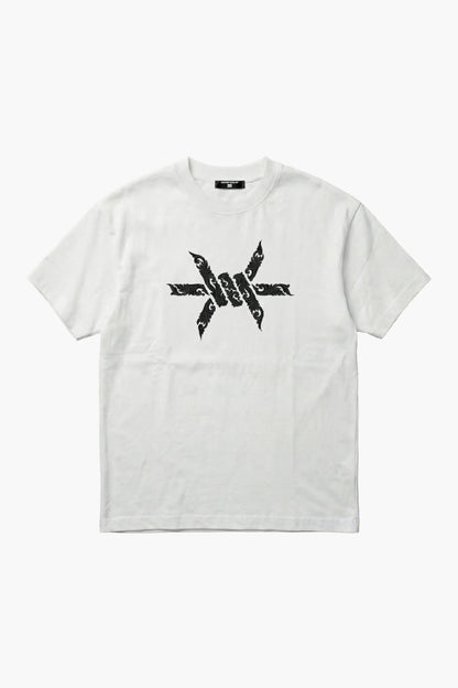 White t-shirt with black baroque 'Ominous' brand logo graphic design on a white background
