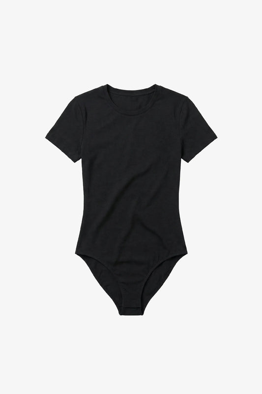Black short sleeve bodysuit on a white background