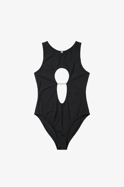 Black swimsuit with a unique cutout design on a white background