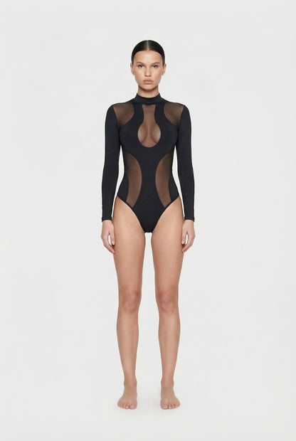 ominous-black sheer bodysuit worn by a model on a white background