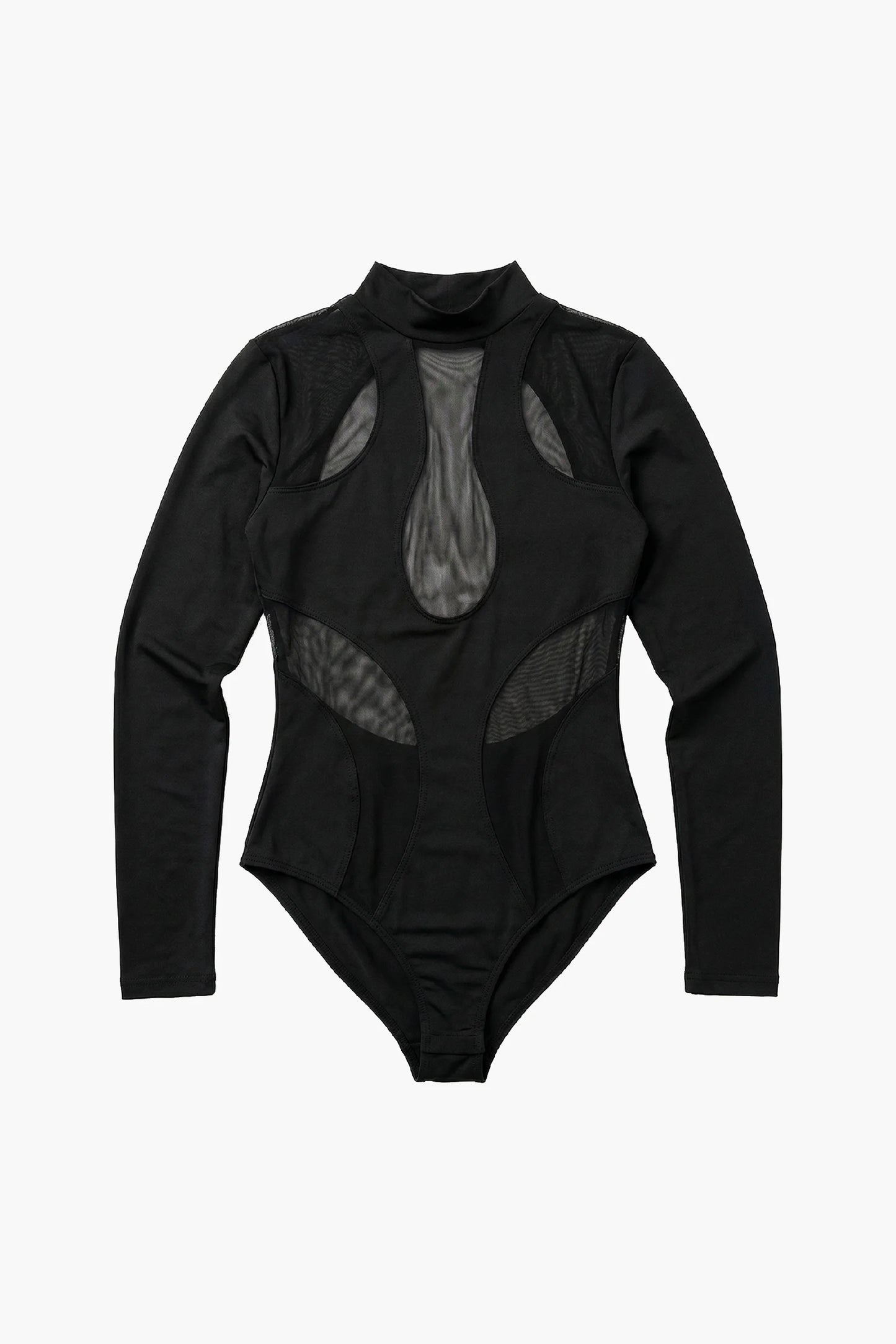 Black mesh bodysuit with long sleeves on a white background