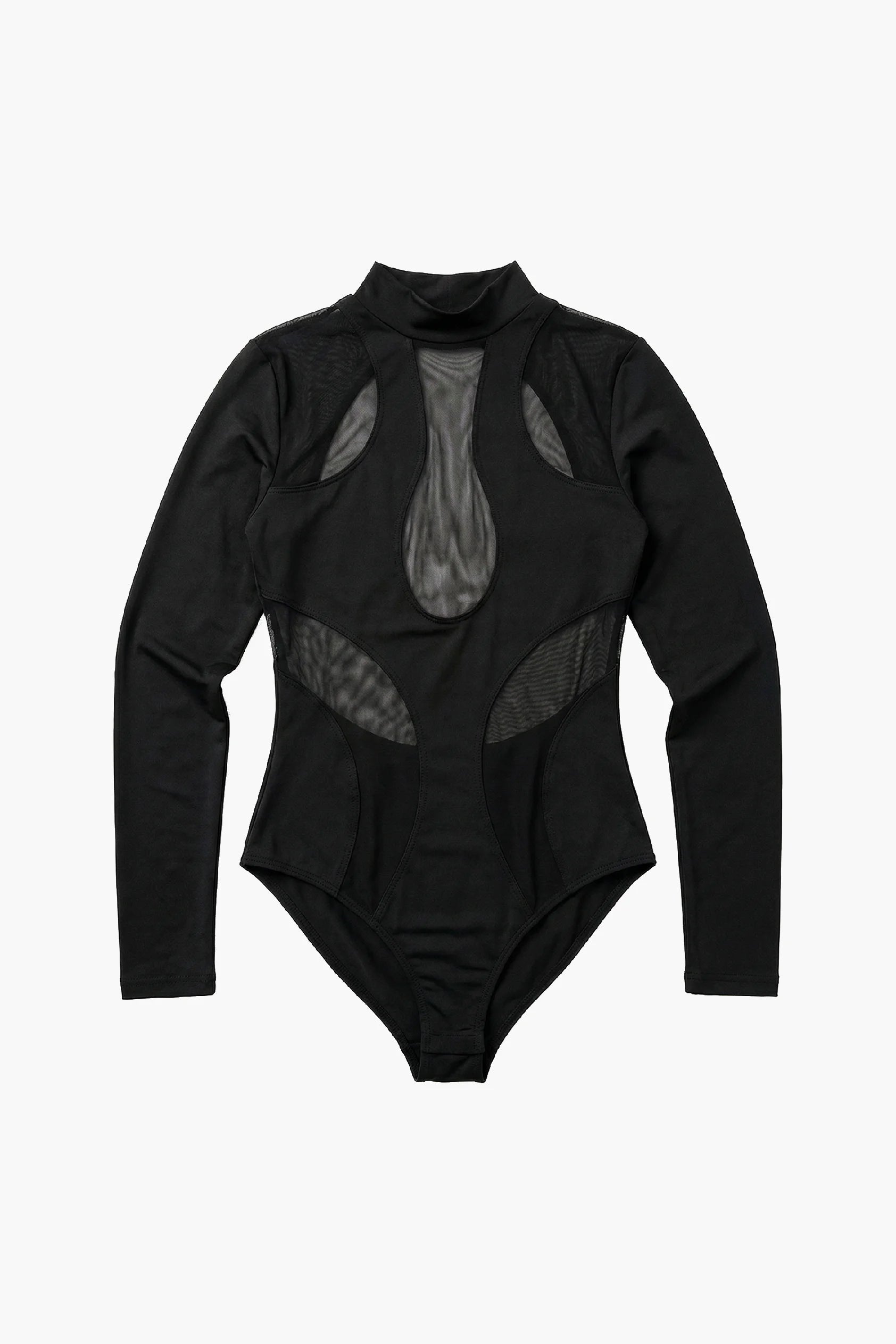 Black mesh bodysuit with long sleeves on a white background