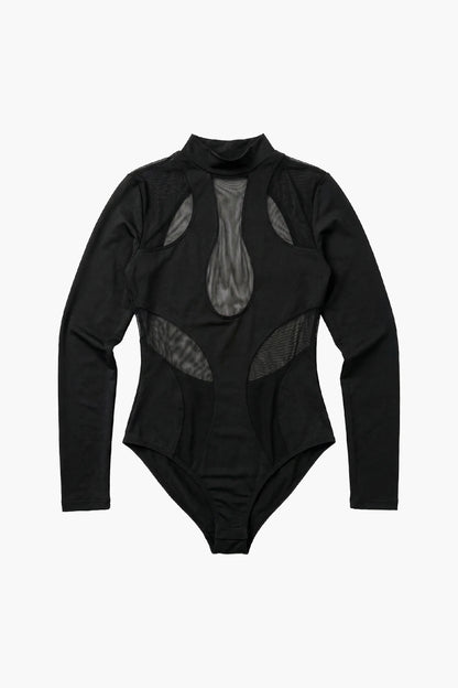 Black mesh bodysuit with long sleeves on a white background