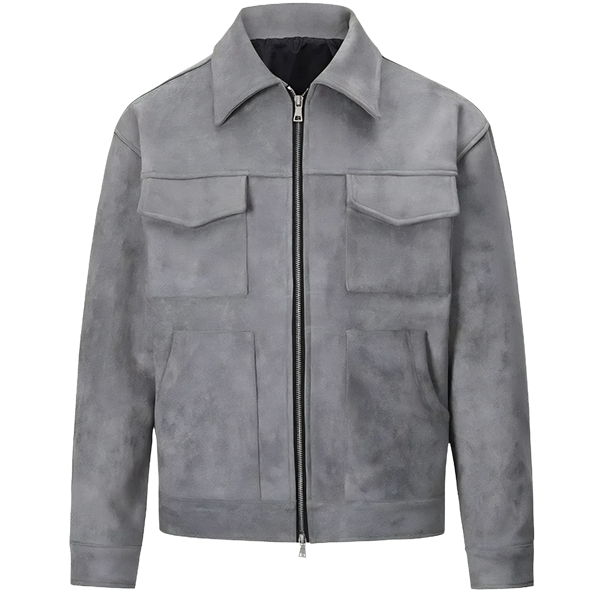 Wolf Grey suede lounge overshirt jacket with lapel collar, full length metallic zipper, buttoned top pockets and slim lower side pockets.