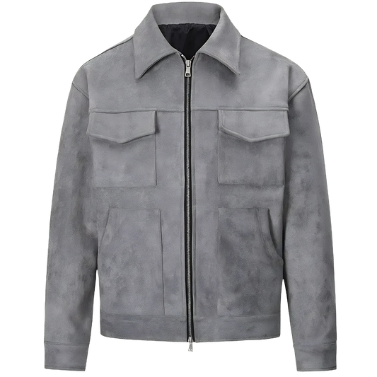 Wolf Grey suede lounge overshirt jacket with lapel collar, full length metallic zipper, buttoned top pockets and slim lower side pockets.