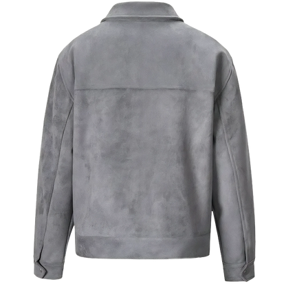 Wolf grey suede lounge overshirt jacket with a full length back yoke and buttoned cuffs