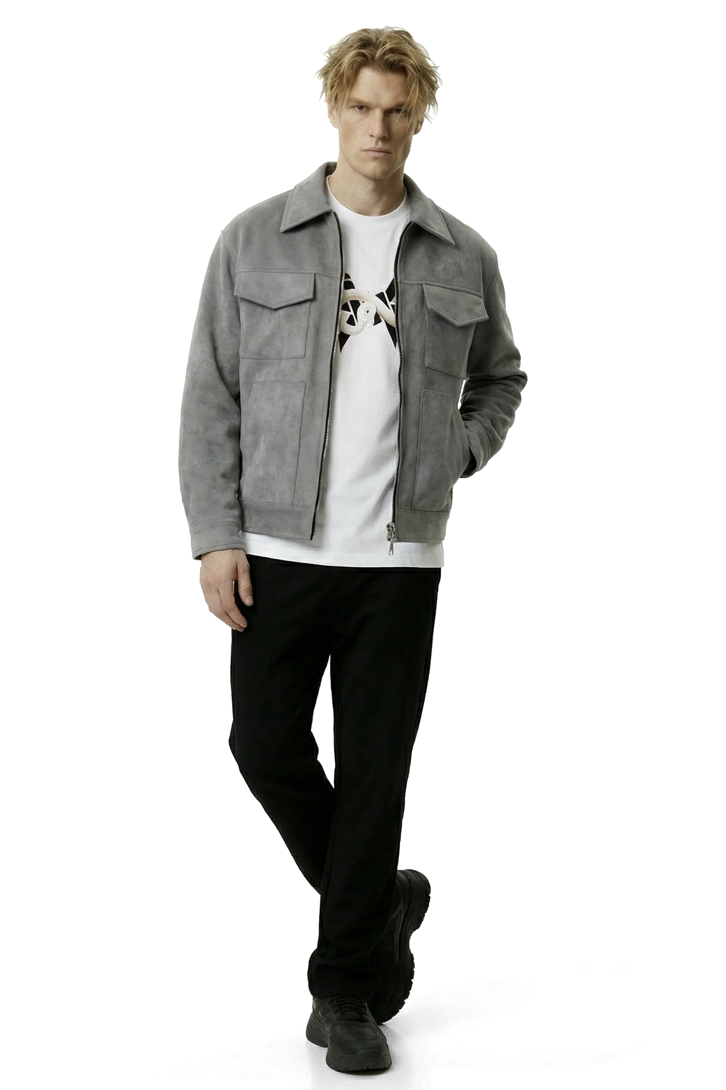 Man wearing a gray suede lounge overshirt jacket, white shirt, and black pants on a white background
