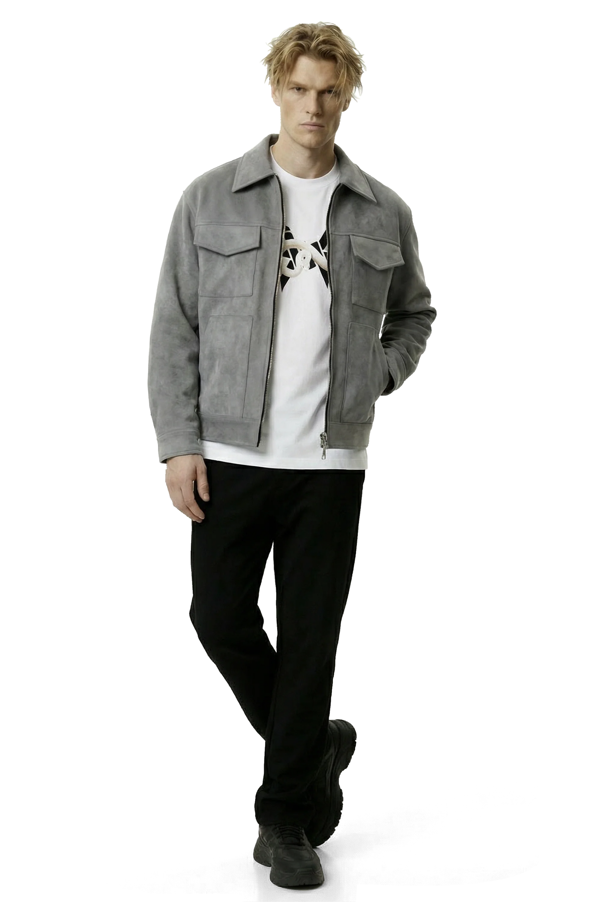 Man wearing a gray suede lounge overshirt jacket, white shirt, and black pants on a white background