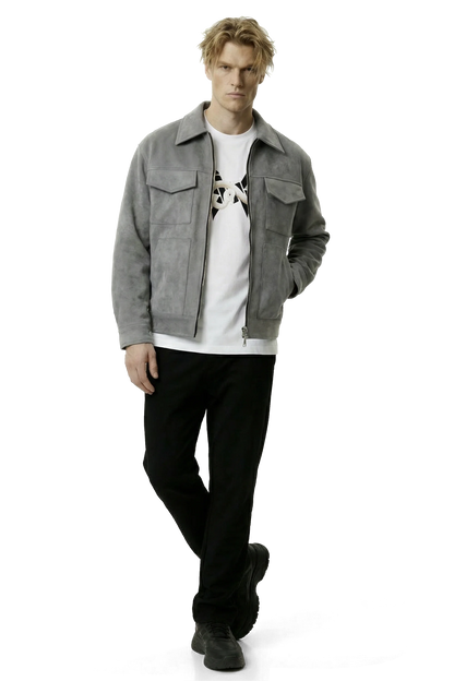 Man wearing a gray suede lounge overshirt jacket, white shirt, and black pants on a white background