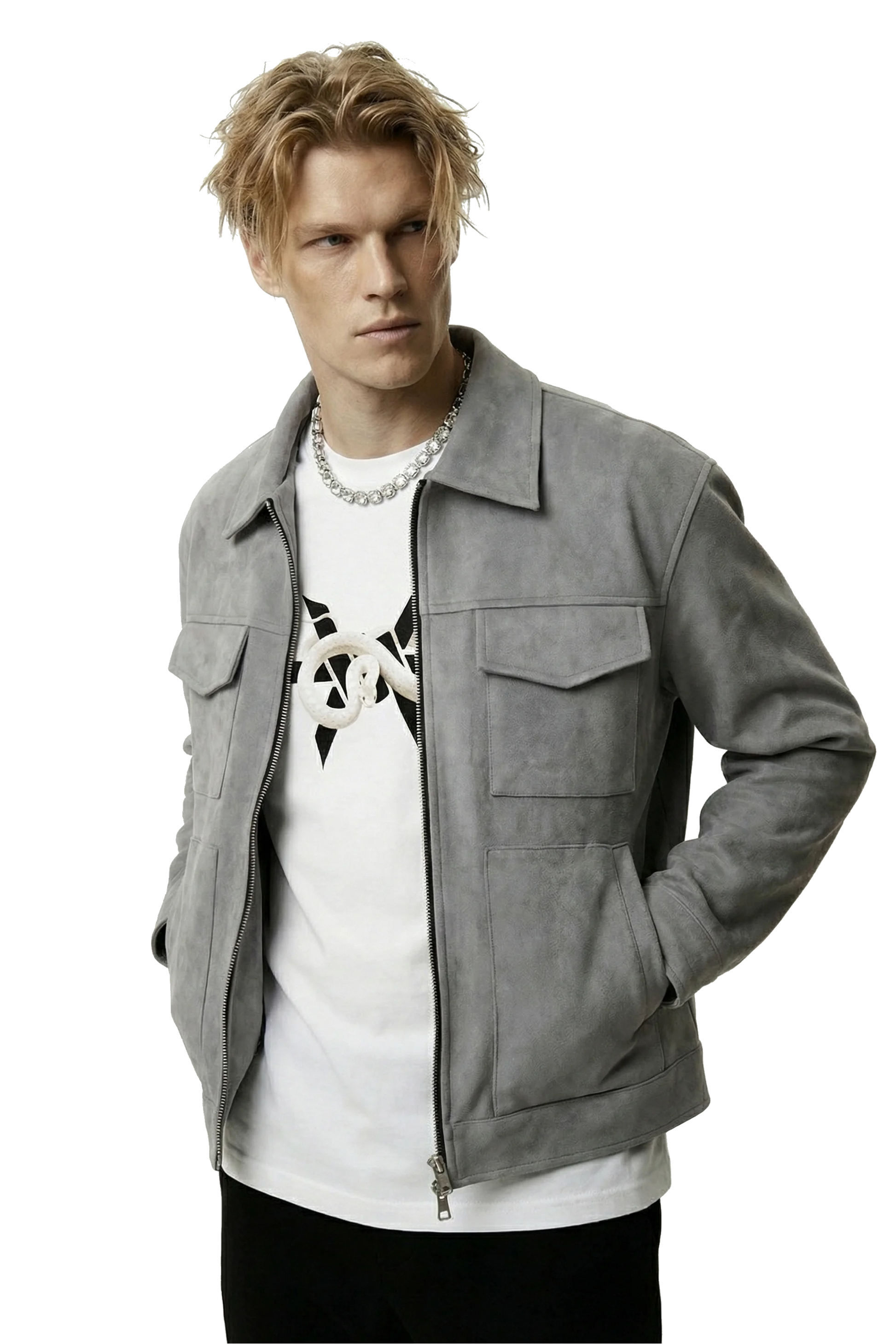 Man wearing a gray suede lounge overshirt jacket over a white shirt with a graphic design on a white background