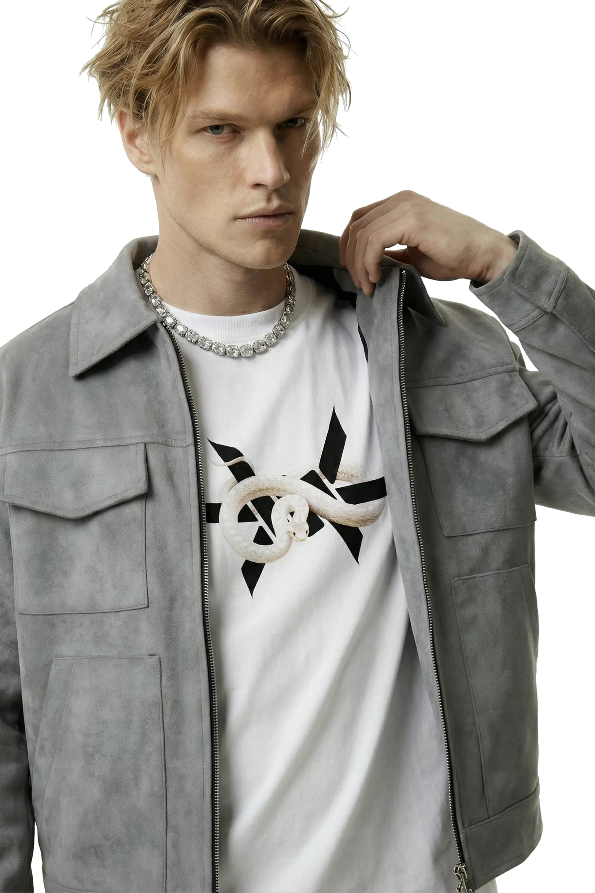 Man wearing a gray suede lounge overshirt jacket over a white t-shirt with a black and white snake 'Ominous' brand logo design, on a white background