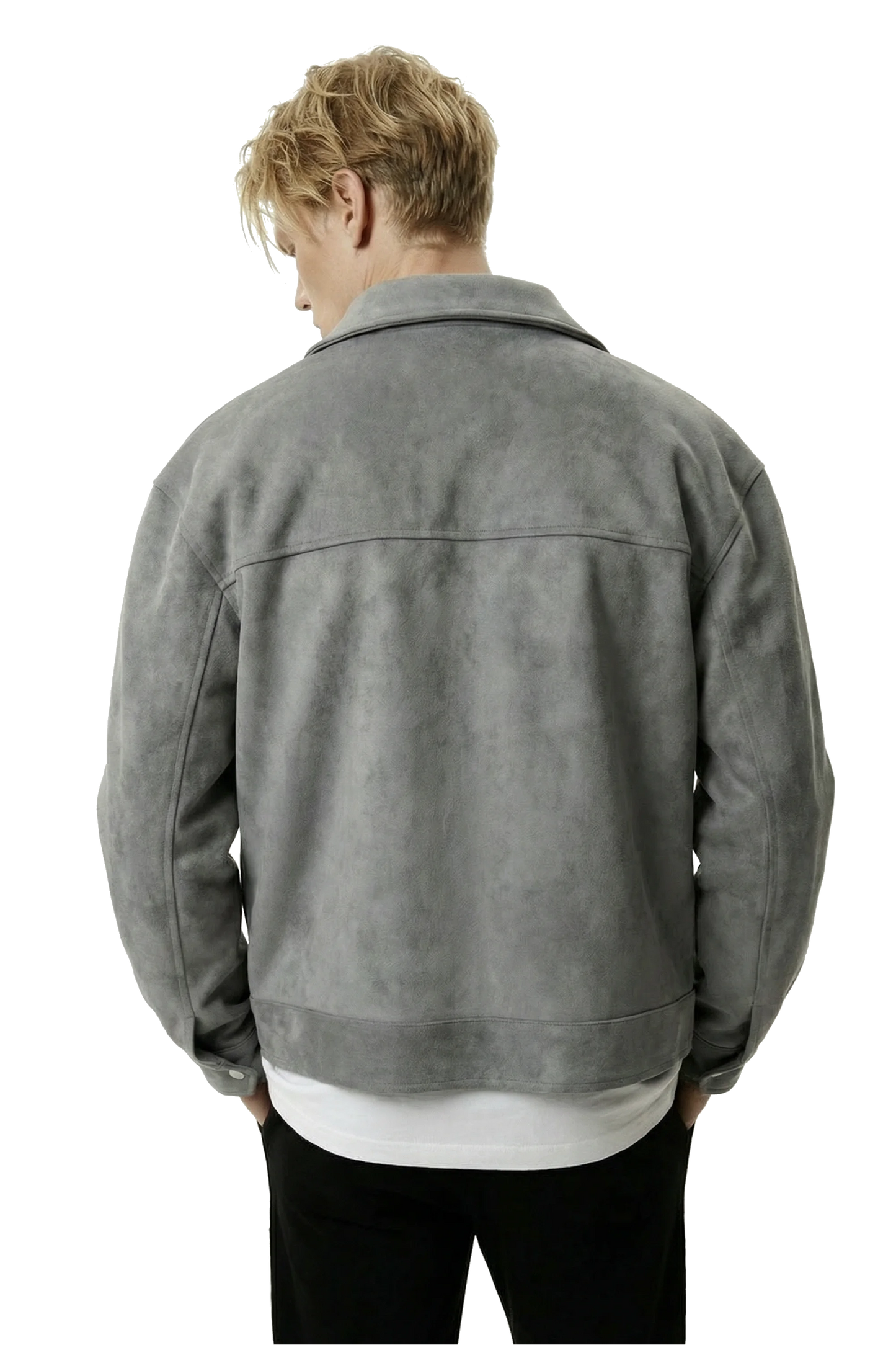 Man wearing a gray suede lounge overshirt jacket on a white background