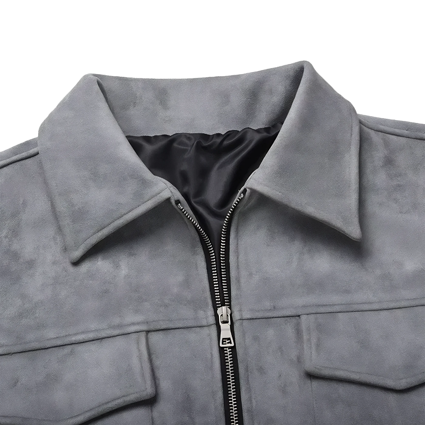 Close up of a grey suede lounge overshirt jacket lapel collar and metal front zipper with top buttoned pockets on either side